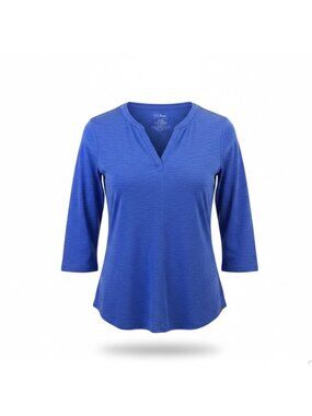 L.L.Bean Womens Blue 3/4 Sleeve Split Neck Top Size L Regular